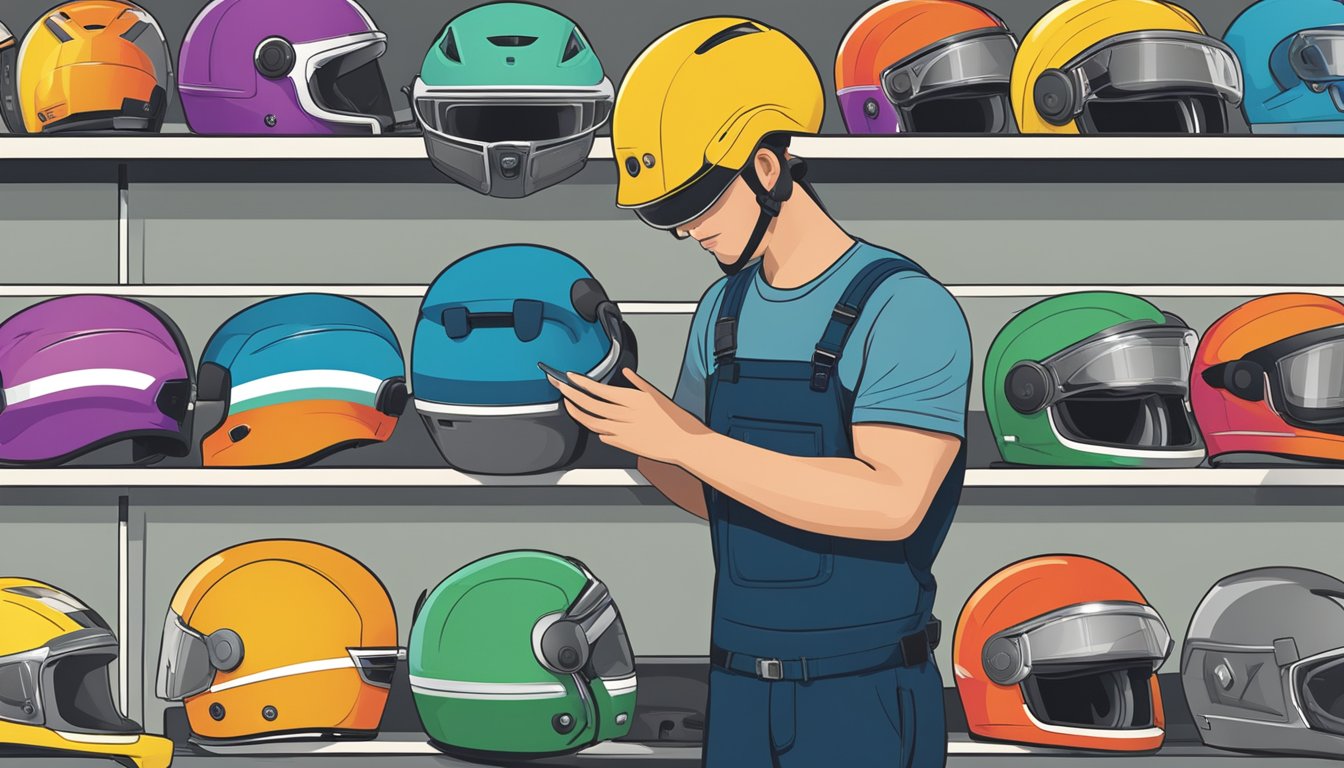 A person comparing different helmet options on a store shelf