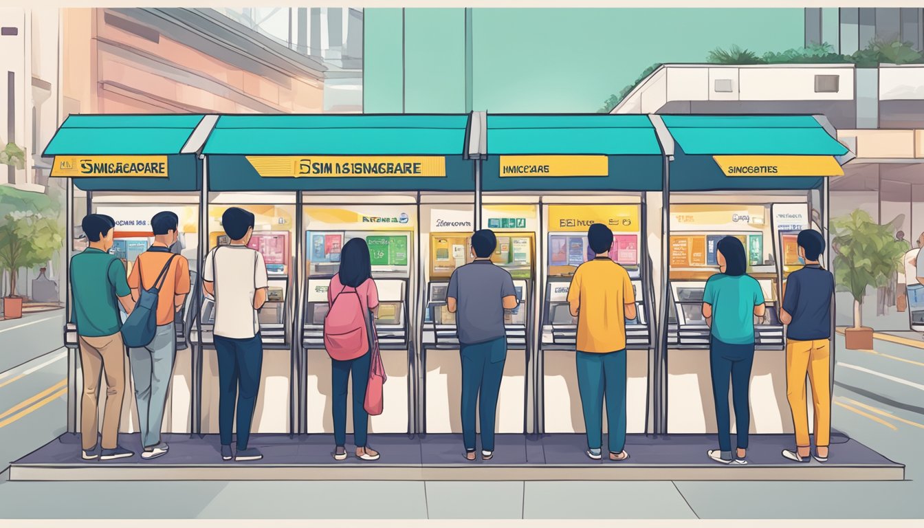 Customers lining up at a kiosk labeled "Singapore SIM Cards" in a bustling Malaysian city