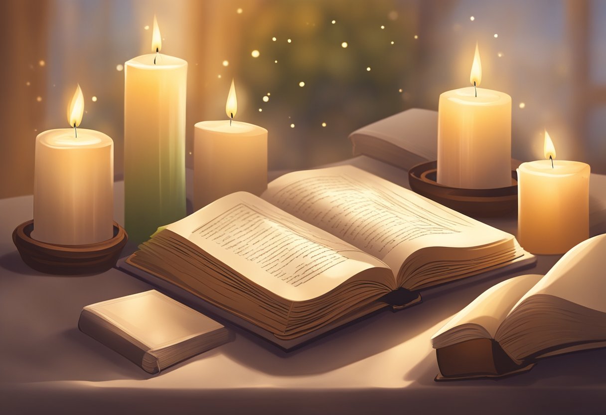 Candles are lit, casting a warm glow on an open book and a peaceful setting, creating a serene atmosphere for emotional healing and restoration