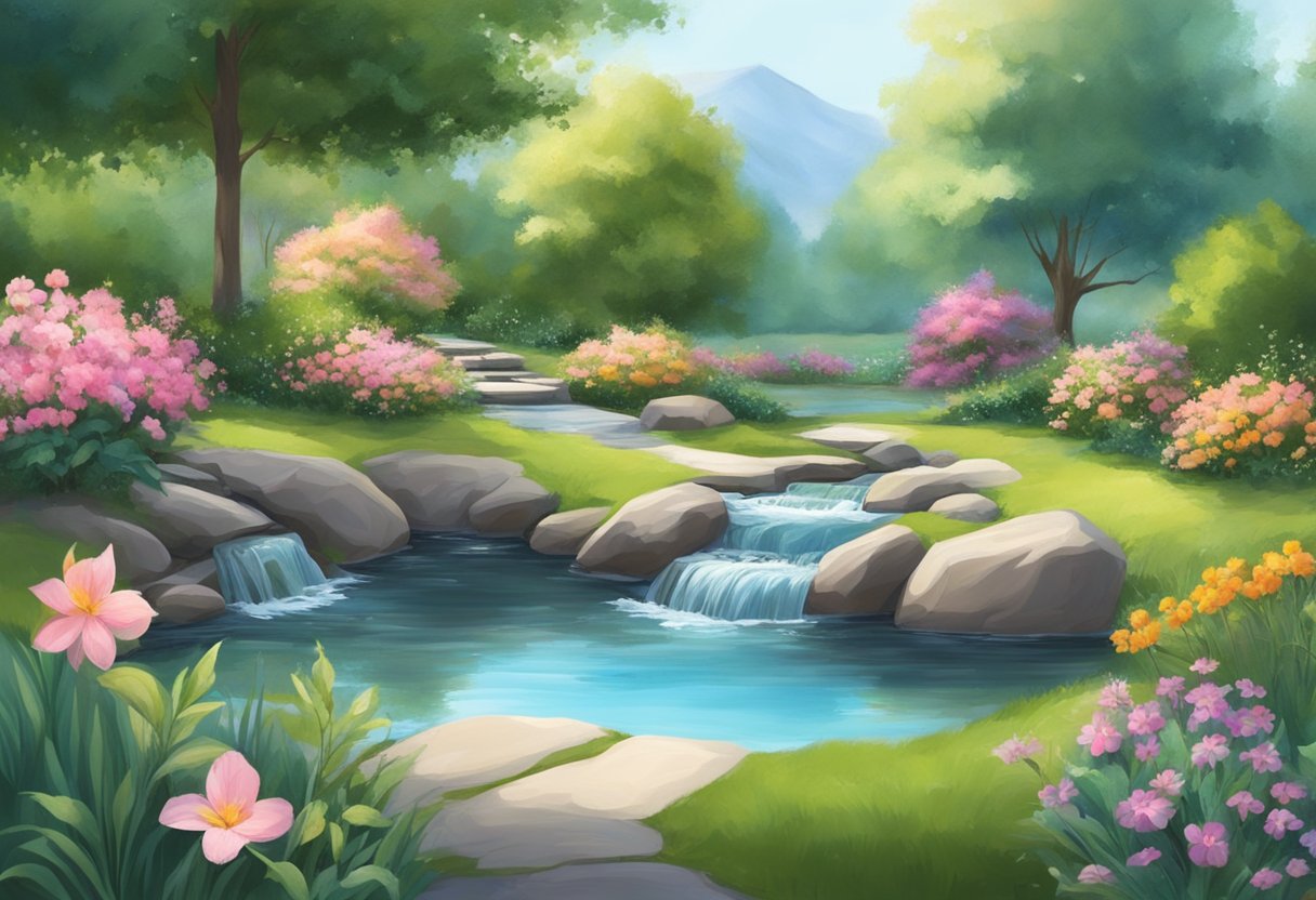 A serene garden with blooming flowers and a gentle stream, surrounded by peaceful, healing energy