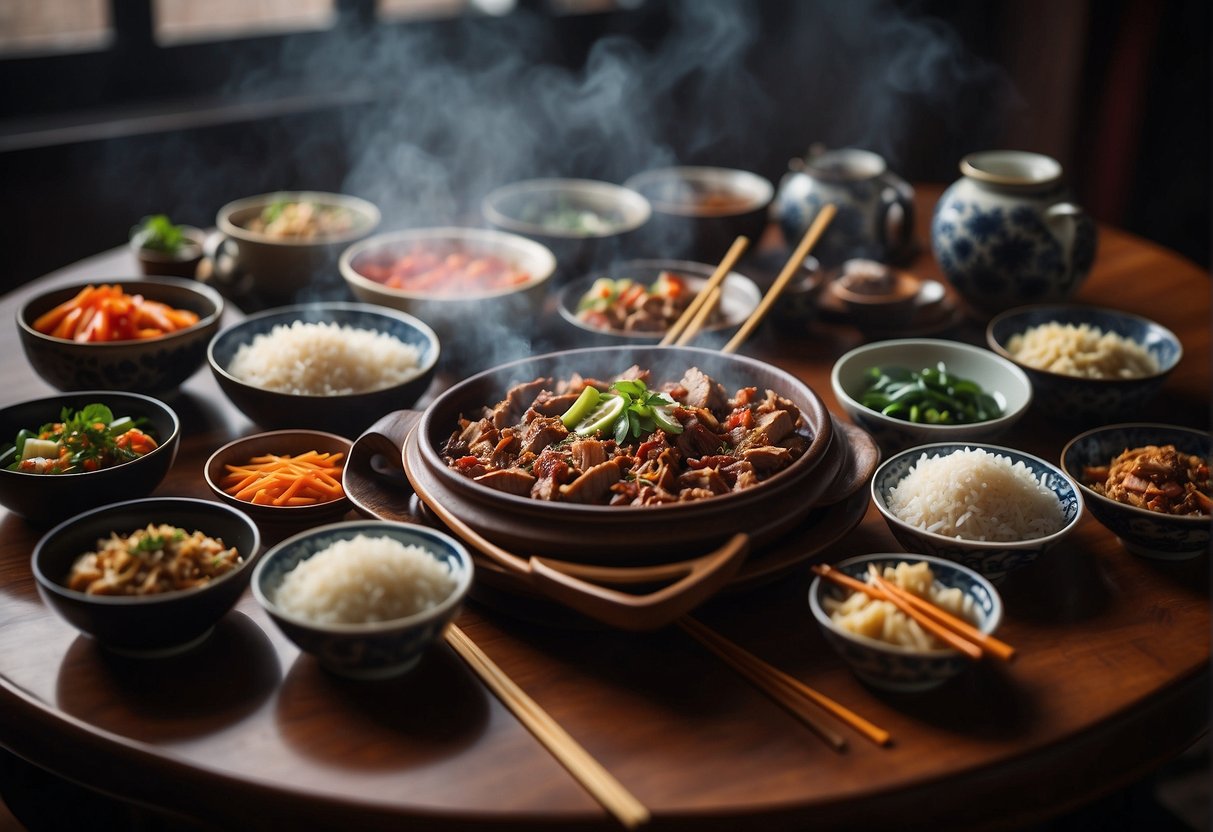 A table set with a colorful array of Chinese pork dishes, surrounded by chopsticks and a steaming pot of rice