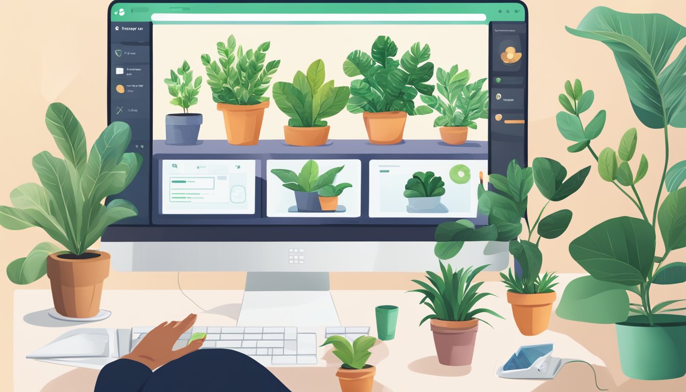 Laptop open, person clicks "buy potted plants online Singapore" with various plant options displayed on screen