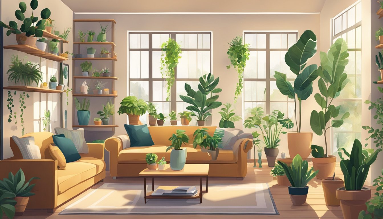A cozy living room with a variety of potted plants displayed on shelves and tables, with natural light streaming in through the windows