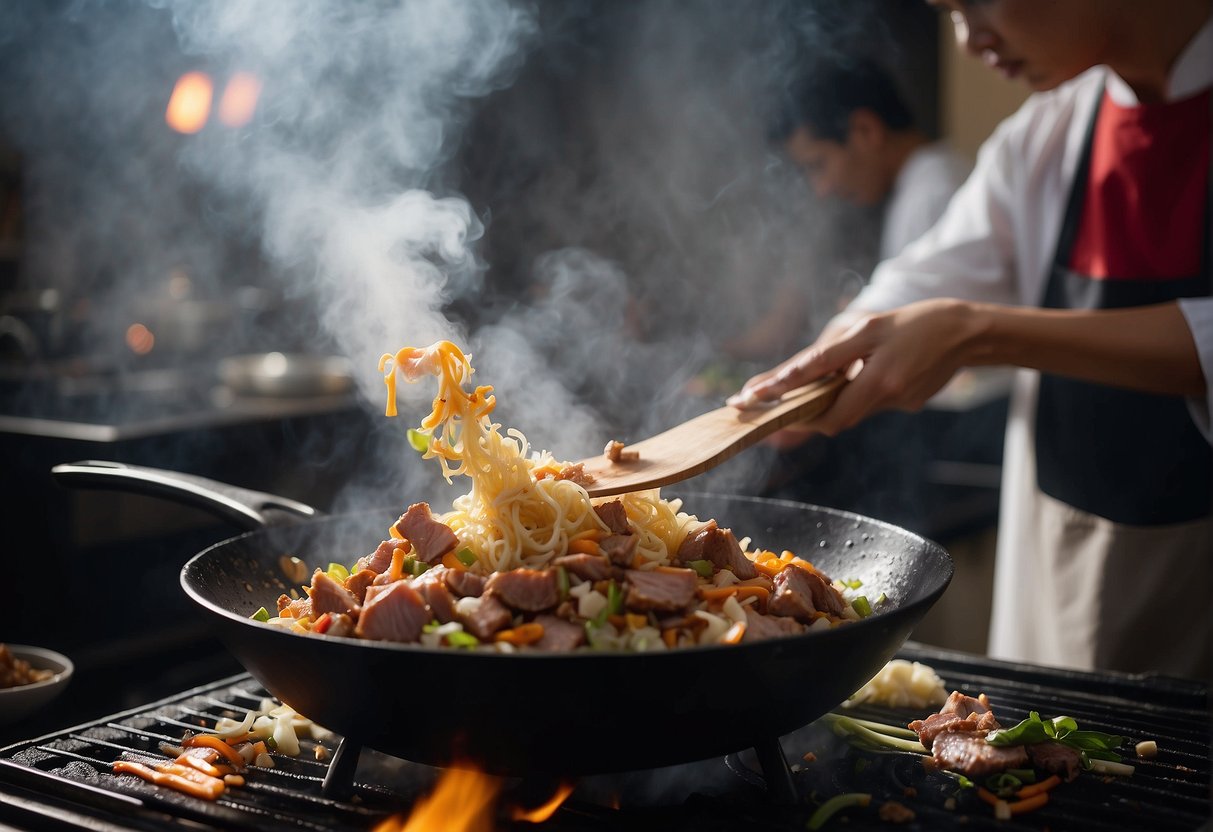 A sizzling wok tosses diced pork, ginger, and garlic. Steam rises from the savory mixture as it cooks, filling the air with mouthwatering aromas