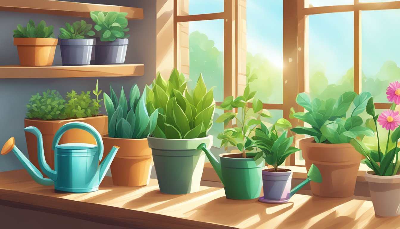 Sunlight streams through a window, illuminating a collection of potted plants on a wooden shelf. Watering can and gardening tools sit nearby
