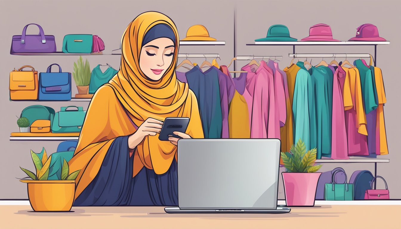 A woman browsing a variety of colorful and stylish hijab clothes on a laptop or smartphone, with a secure online shopping interface displayed on the screen