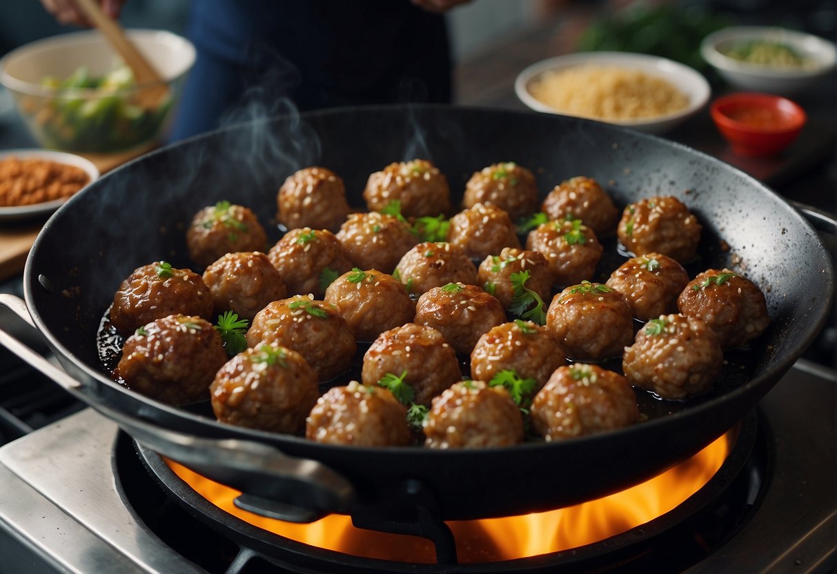 A large wok sizzles with oil as round meatballs are fried. A mixture of minced pork, water chestnuts, and seasonings is shaped into lion heads, then simmered in a savory sauce