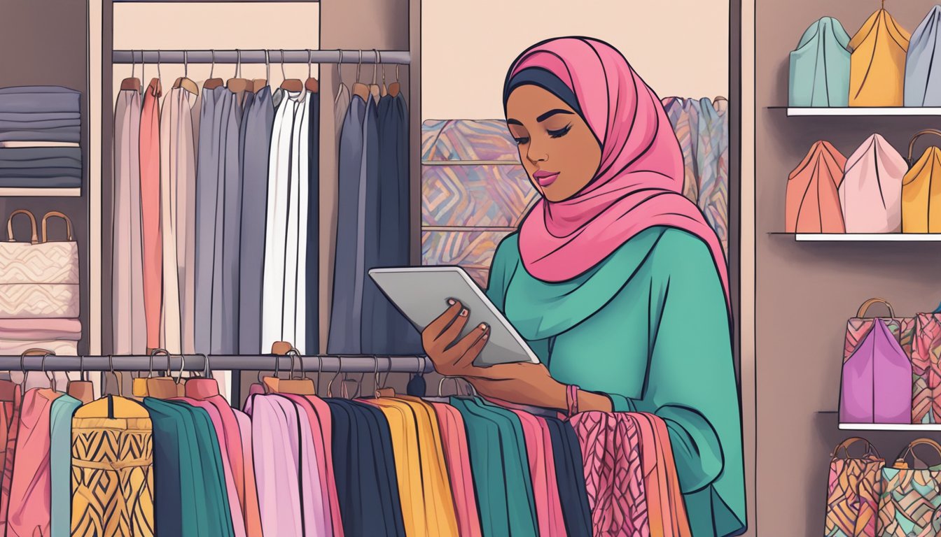 A woman browsing through a variety of colorful and patterned hijabs online, carefully considering each one before making a purchase decision