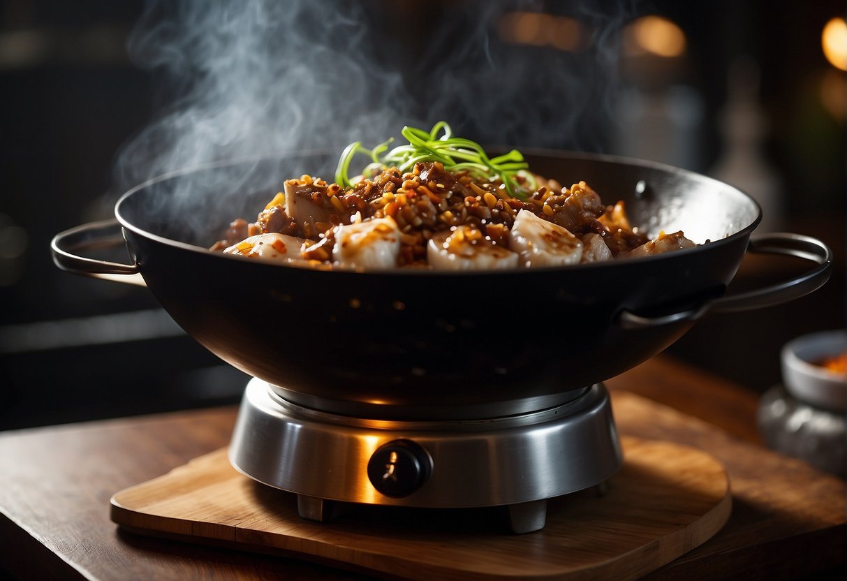 A sizzling wok with sizzling oil, tossing in minced pork, ginger, and garlic. A mixture of soy sauce, oyster sauce, and sugar bubbling in a small bowl