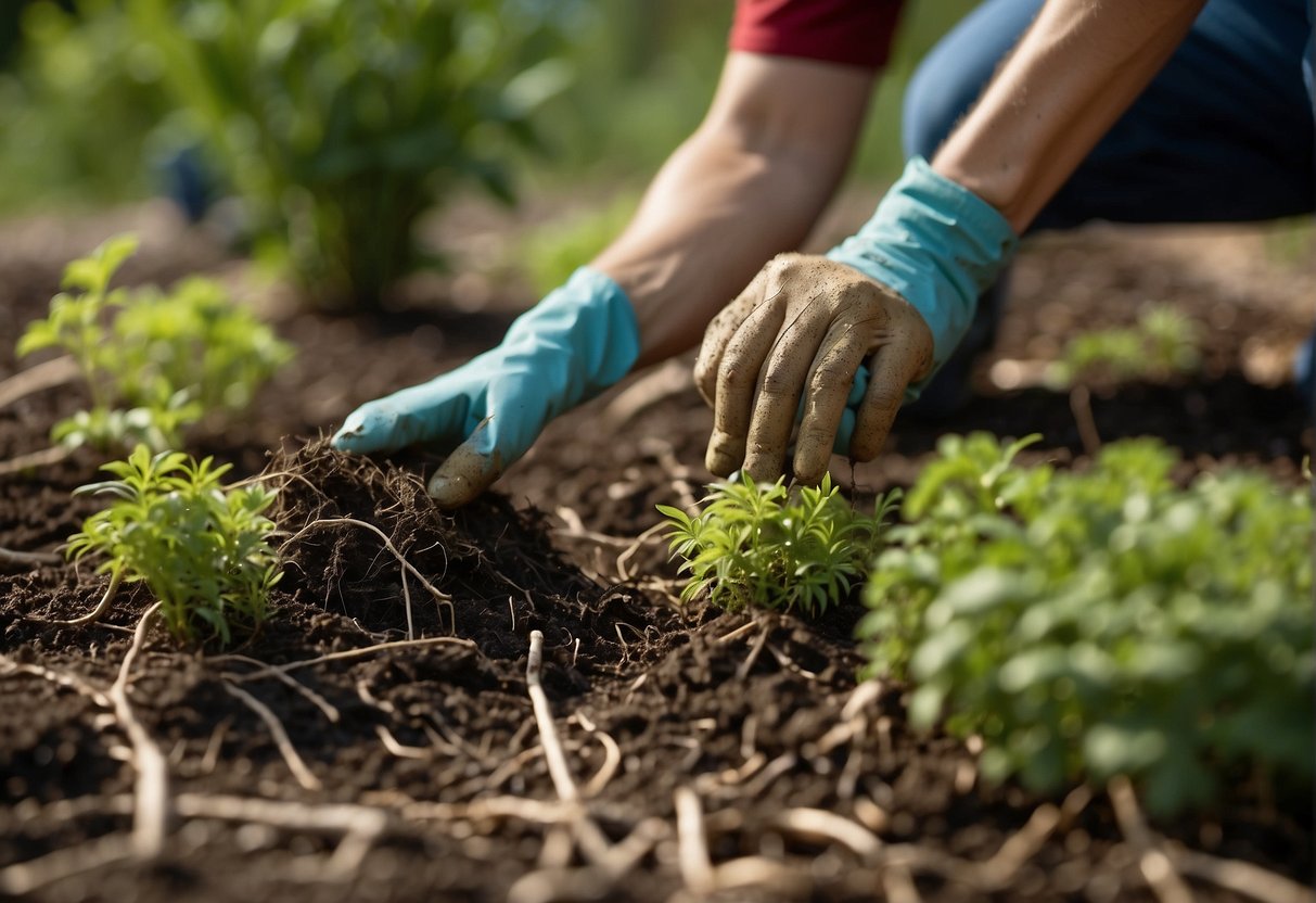 A gardener applies mulch glue around plant roots