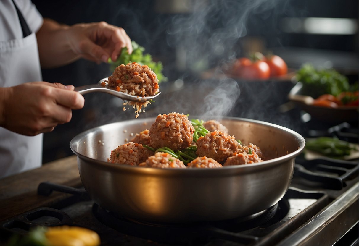 A chef mixing ground pork, seasonings, and vegetables in a large bowl, forming them into lion head meatballs before placing them on a sizzling hot pan