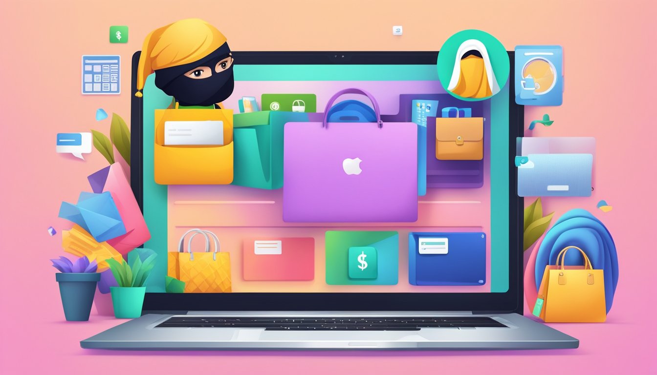A laptop with a variety of colorful hijab clothes displayed on the screen, surrounded by icons of online shopping platforms and secure payment options
