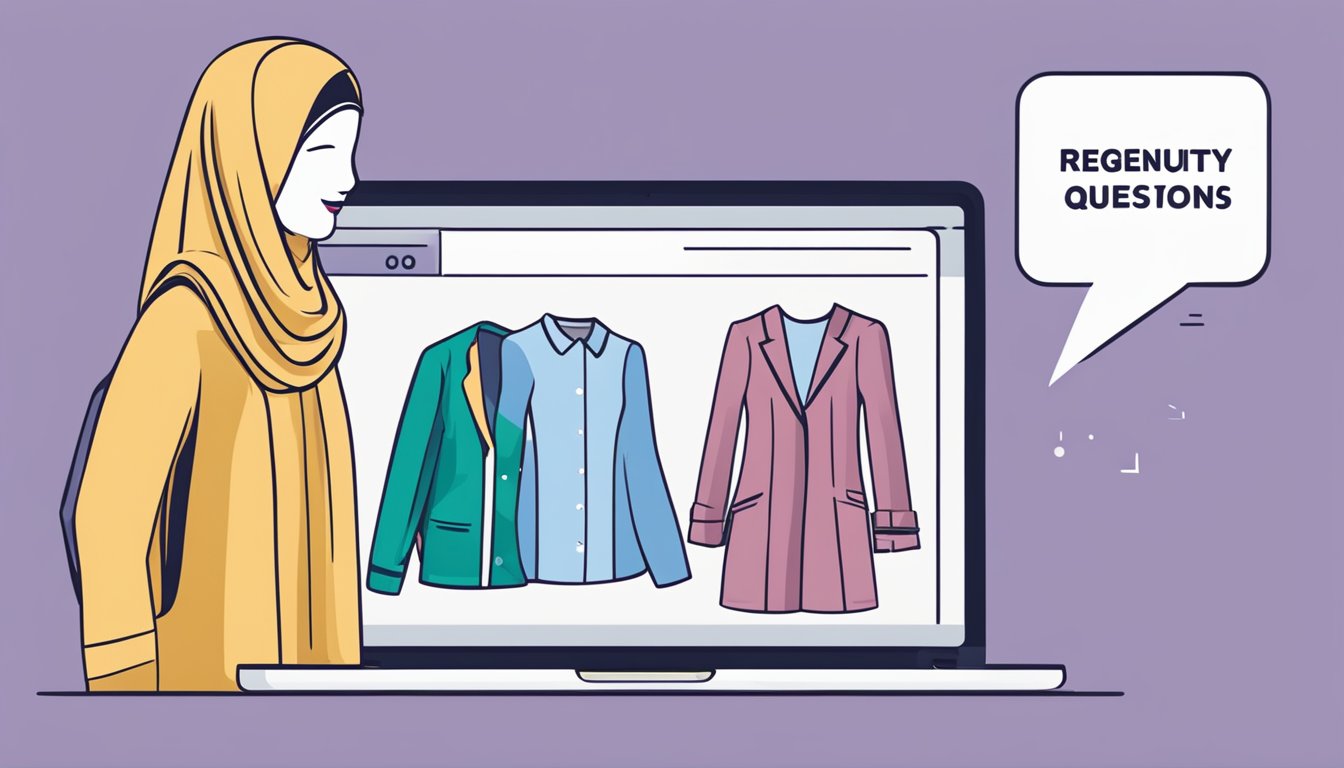 A laptop with a website showing various hijab clothes. A speech bubble with "Frequently Asked Questions" hovers above, with text about online buying