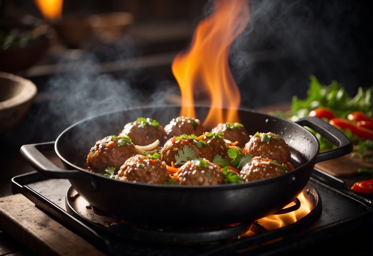 A sizzling wok with bubbling oil, as a large pork meatball is gently lowered in, surrounded by aromatic spices and fresh herbs