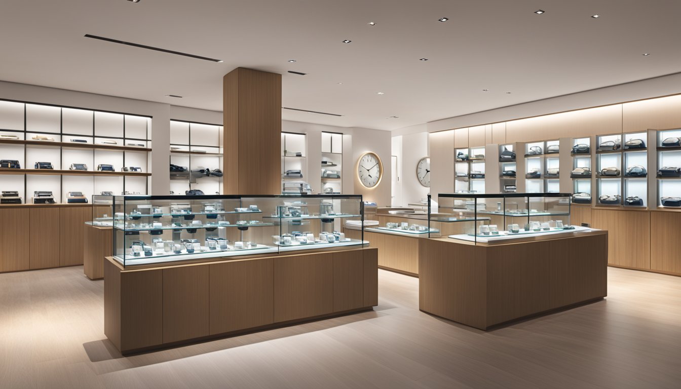 A sleek display of Sinn watches in a well-lit Singaporean boutique. Shelves neatly showcase the timepieces, with a professional sales associate nearby