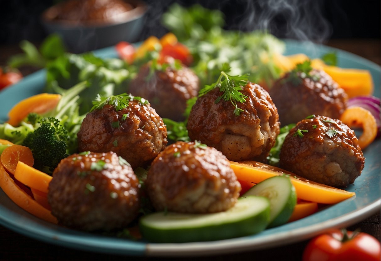 A steaming platter of Chinese lion head meatballs surrounded by vibrant, colorful vegetables and garnished with fresh herbs