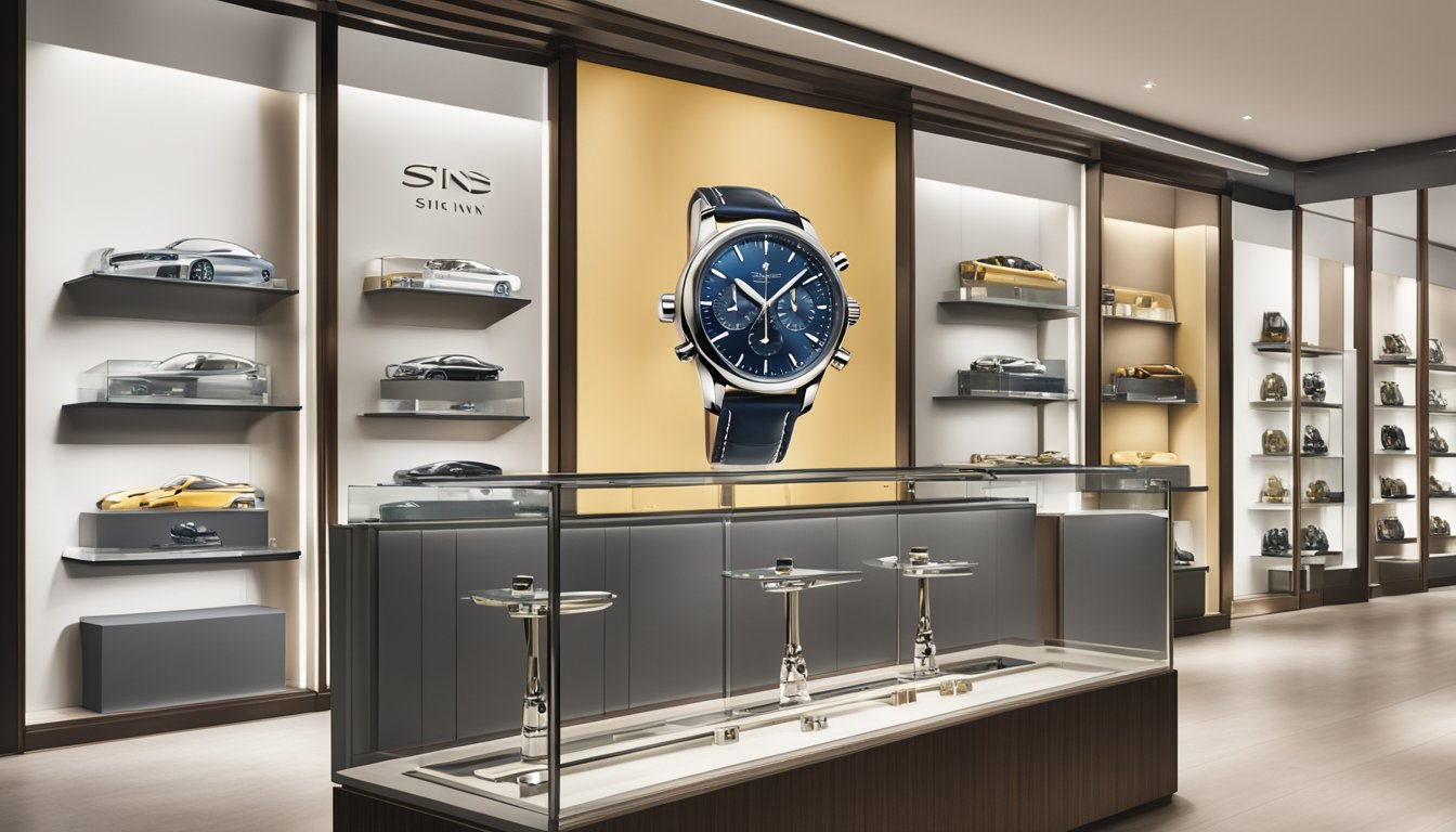 A sleek Sinn watch displayed in a well-lit boutique, surrounded by other luxury timepieces. A polished counter and elegant signage indicate the brand's excellence