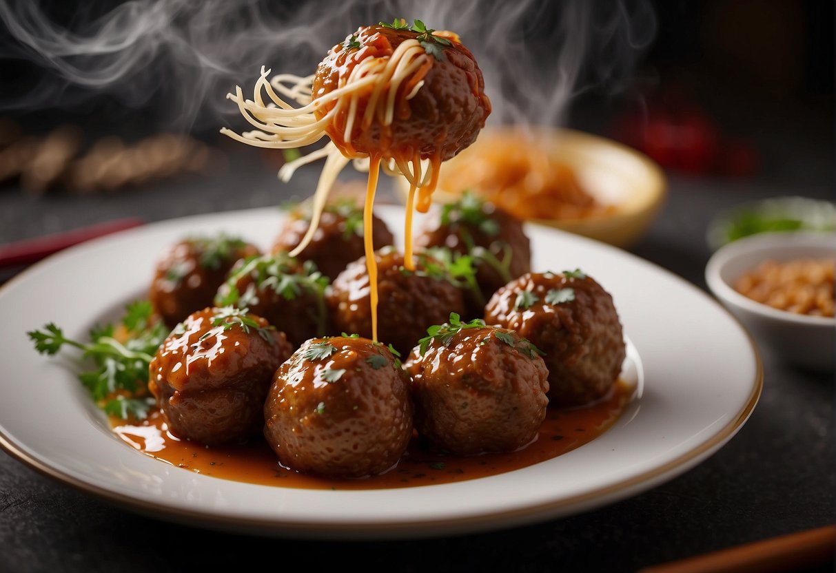 Chinese lion head meatballs sit in a container, covered in savory sauce. A microwave hums as the meatballs spin on a plate, steam rising