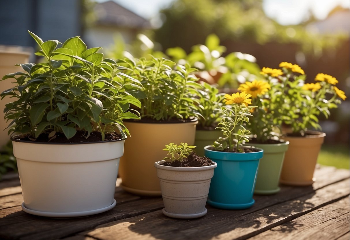 A row of outdoor potted plants in varying sizes, with soil moisture meters and watering cans nearby, under a sunny summer sky