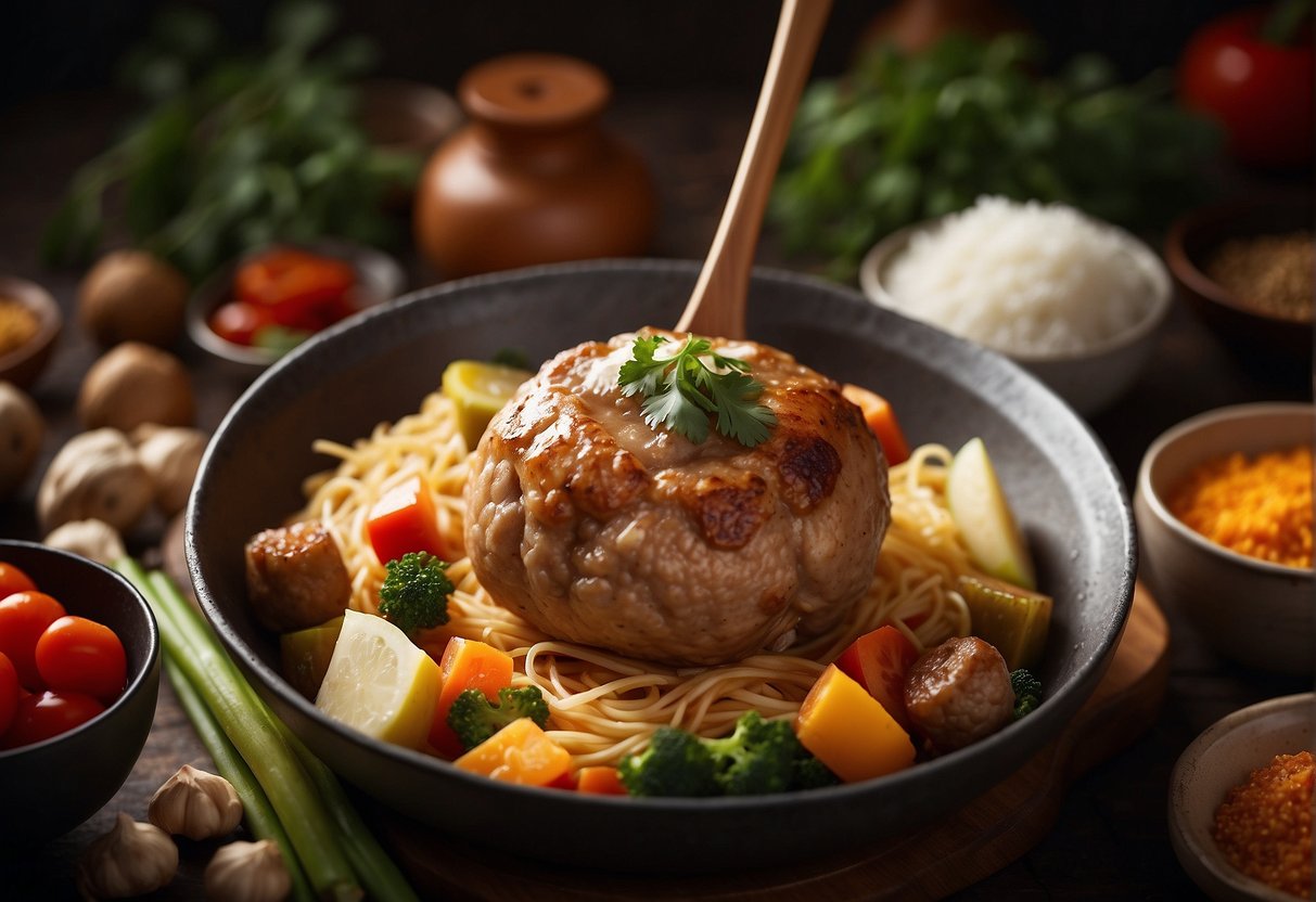 A Chinese lion head meatball surrounded by ingredients and cooking utensils