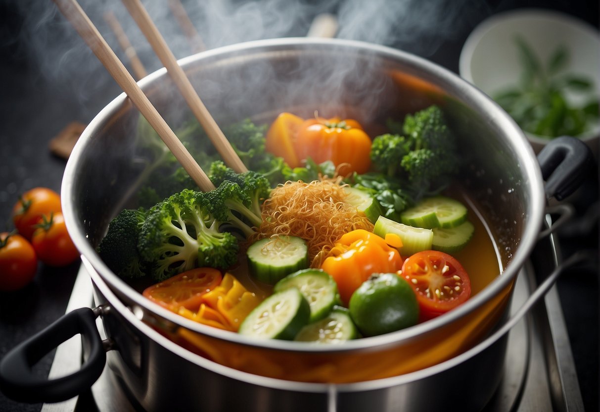 Fresh vegetables and aromatic spices simmering in a pot of clear broth, steam rising. A pair of chopsticks rests on the edge