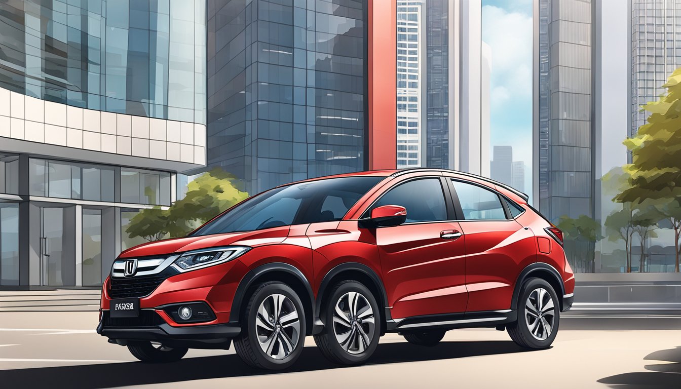 A shiny red Honda Vezel parked in front of a modern Singaporean building. The city skyline fills the background