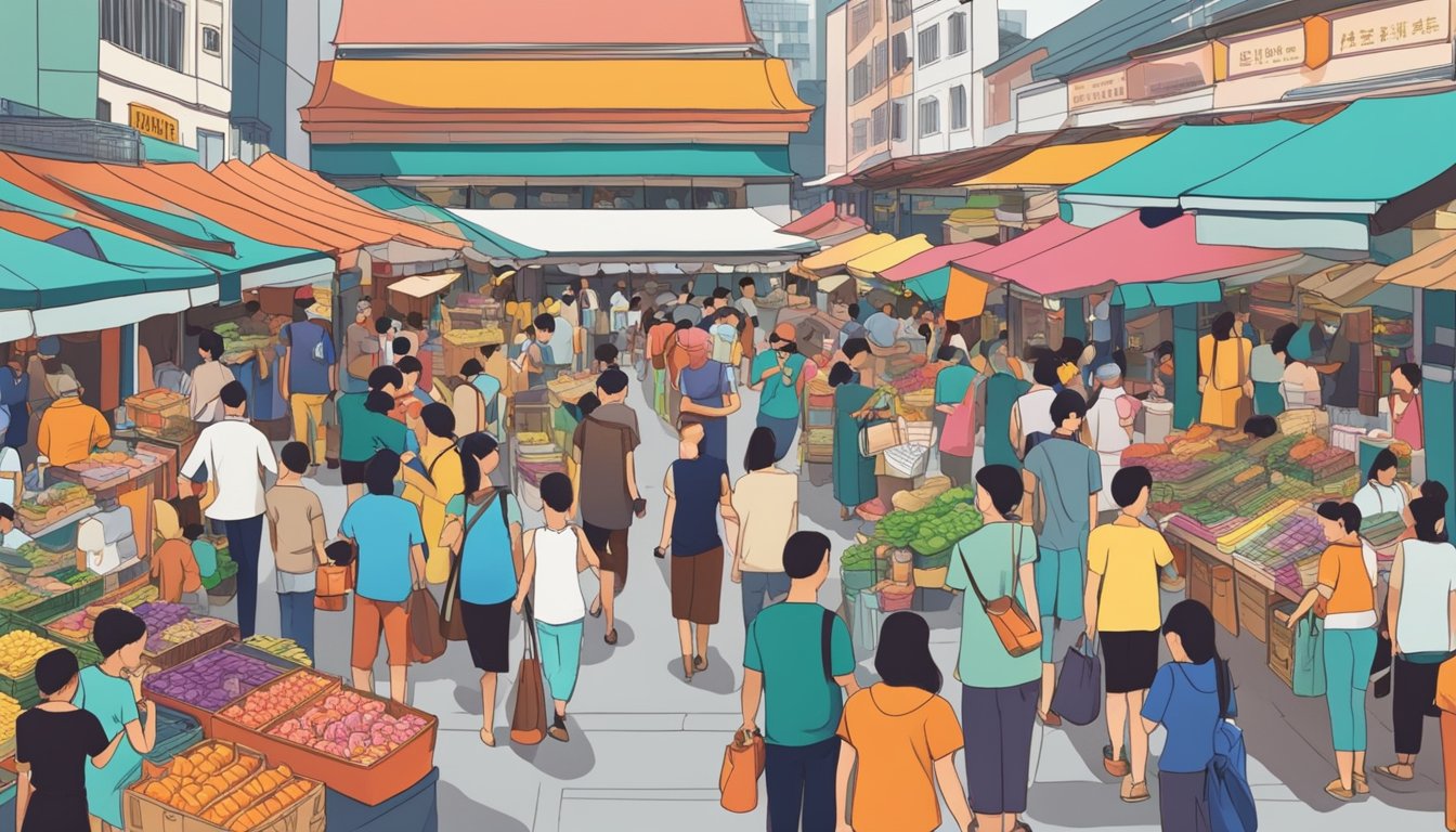 A bustling Singapore market with colorful stalls and signs advertising "must buy" items. Crowds of people browsing and purchasing goods