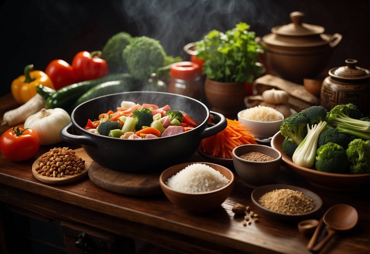 A table with various fresh vegetables, meats, and seasonings, along with a pot and ladle, set against a backdrop of traditional Chinese kitchenware