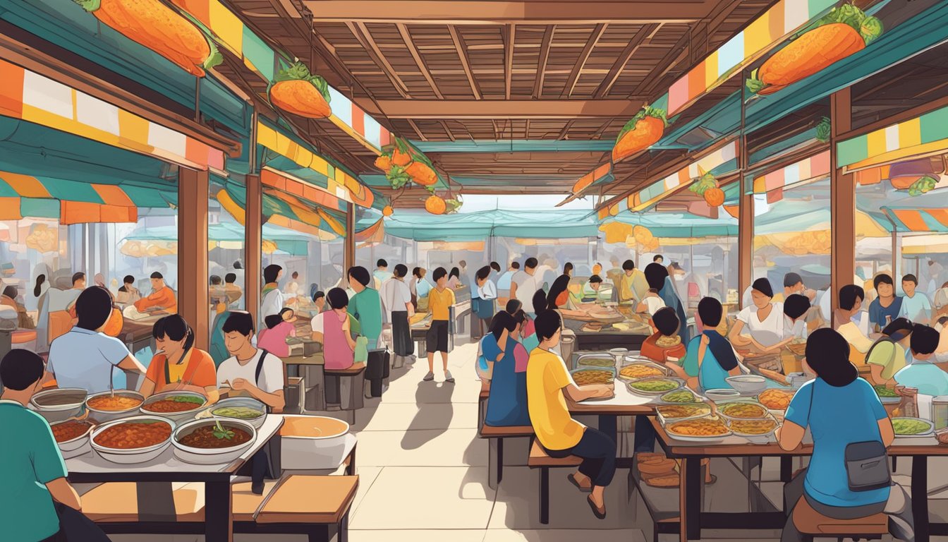 A vibrant hawker center with colorful stalls selling iconic Singaporean dishes like Hainanese chicken rice, chili crab, and laksa