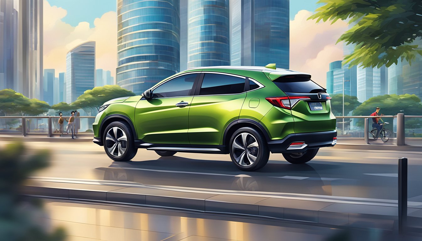 A sleek Honda Vezel parked in a vibrant Singapore cityscape, with a backdrop of modern skyscrapers and bustling streets