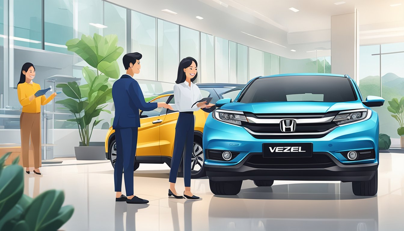 A customer at a car dealership in Singapore is handing over payment for a brand new Honda Vezel. The salesperson is standing next to the car, smiling and handing over the keys