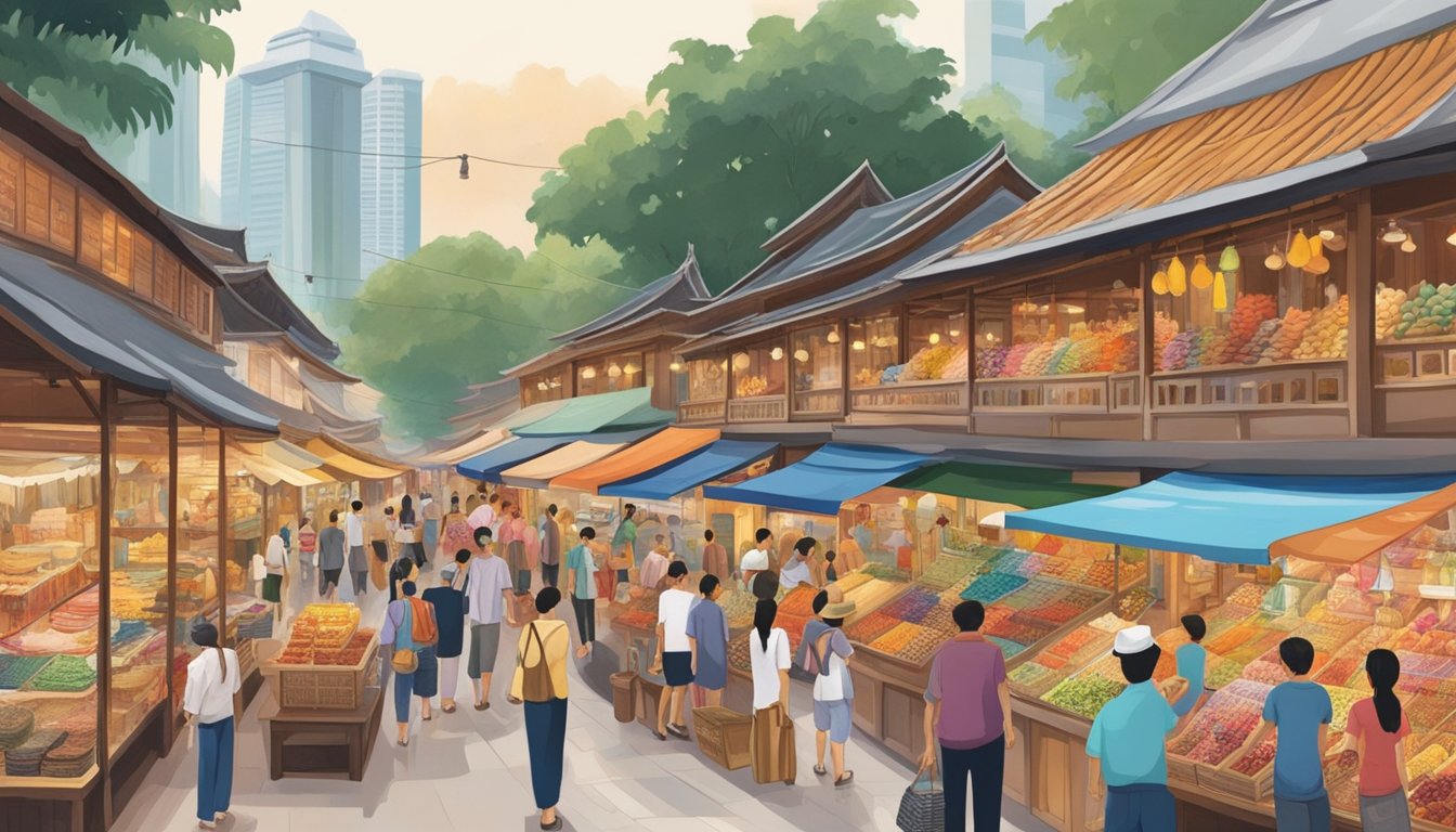 A bustling Singapore market showcases colorful souvenirs and traditional crafts. Shoppers browse through rows of unique treasures, from intricate batik textiles to hand-carved wooden figurines