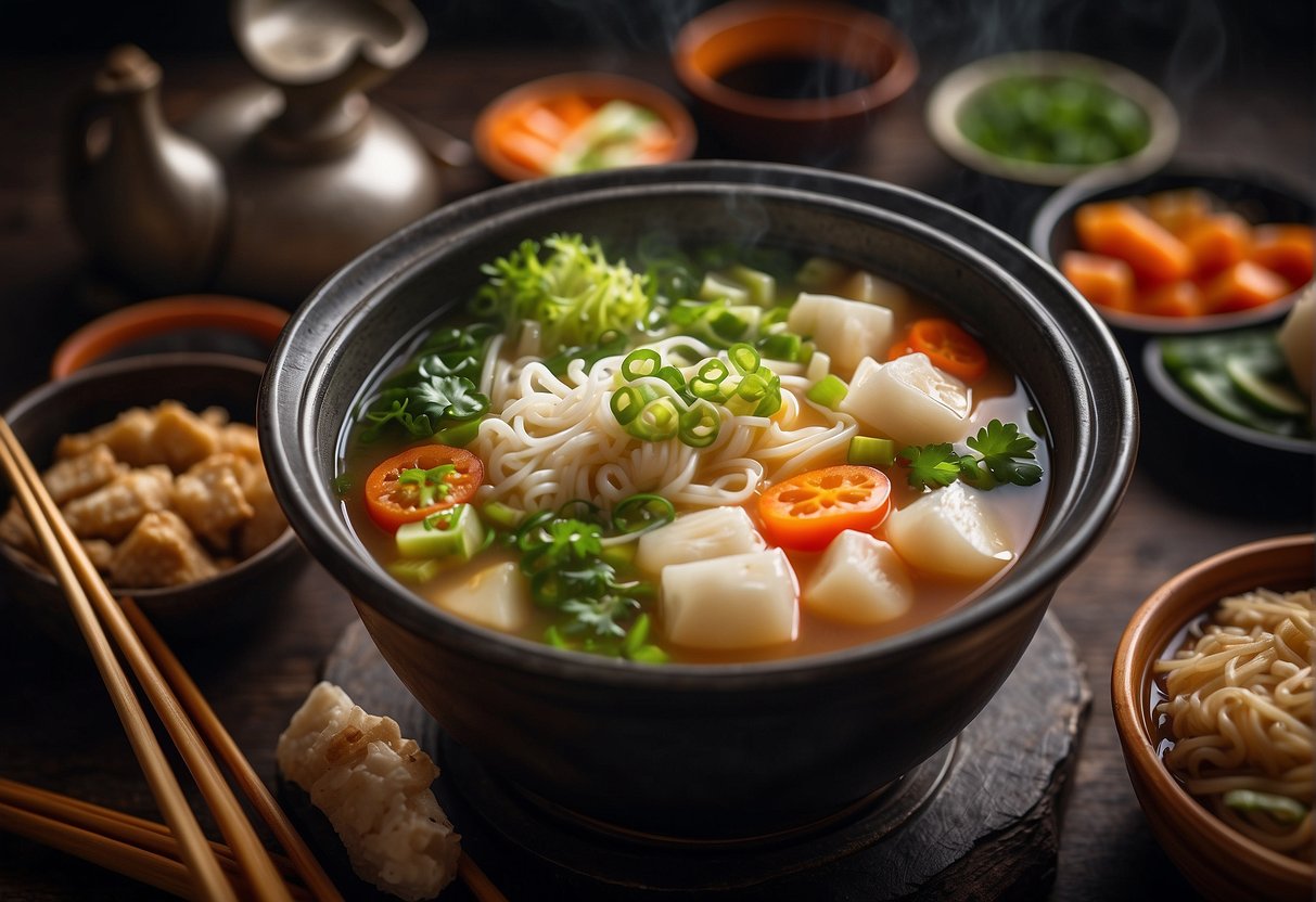 A steaming pot of Chinese soup surrounded by fresh ingredients and chopsticks