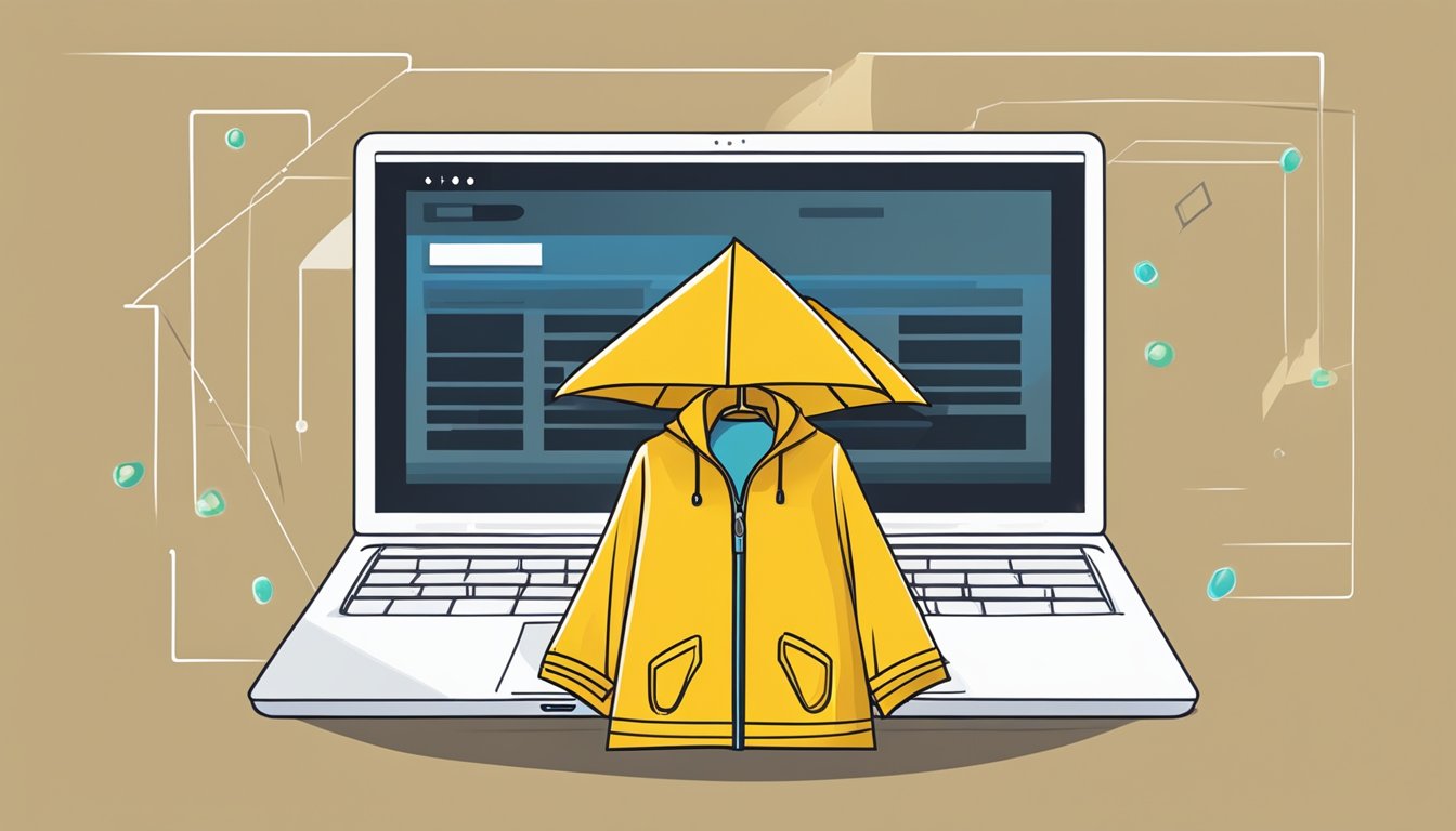 A laptop with a raincoat displayed on a website, a cursor clicking "add to cart" button