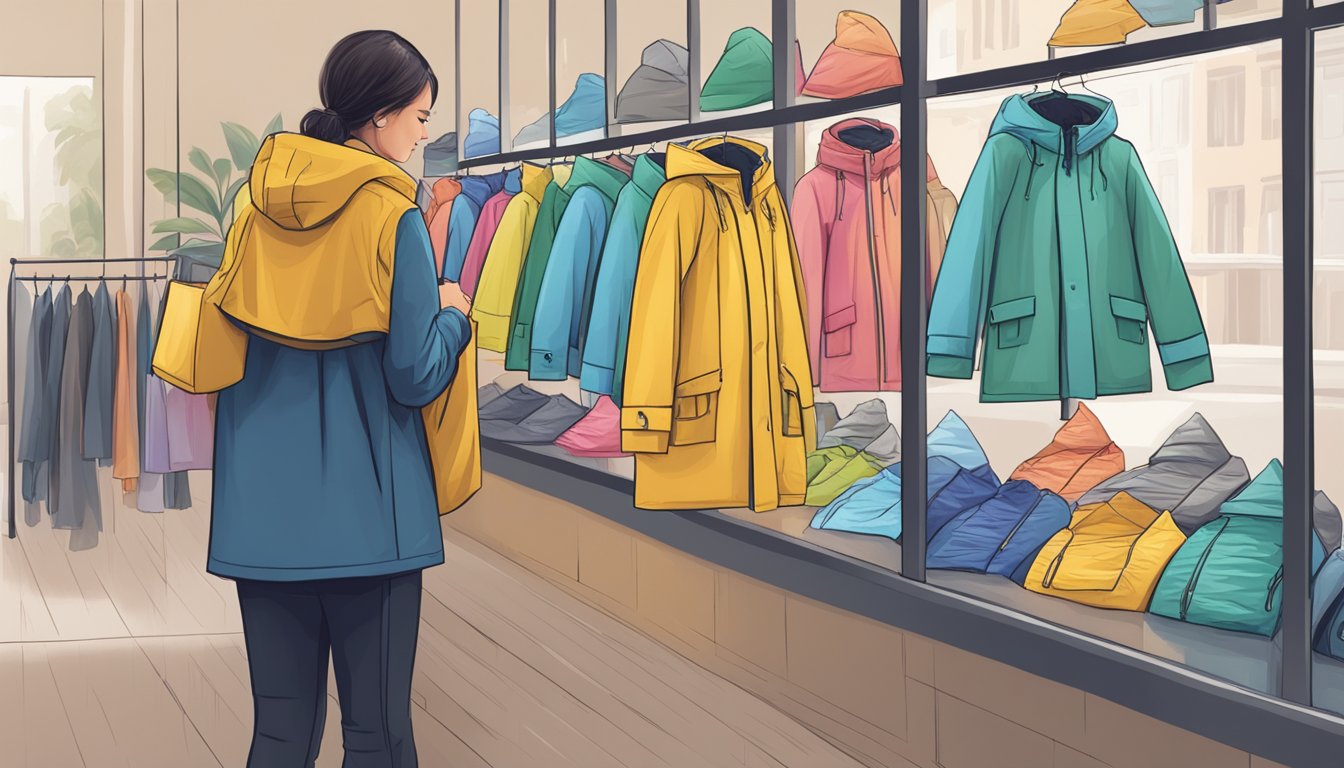 A person browsing through various raincoat options online, carefully considering features and colors before making a purchase