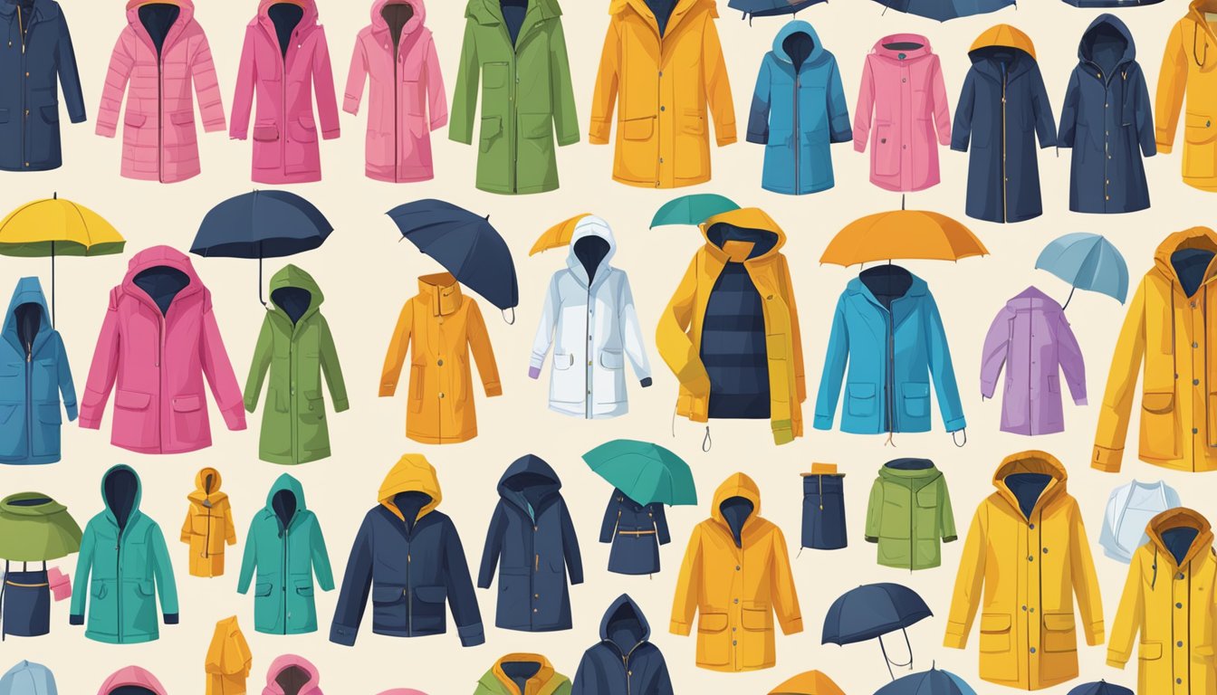 A colorful array of raincoats displayed on a website, with easy-to-navigate tabs and a secure checkout option