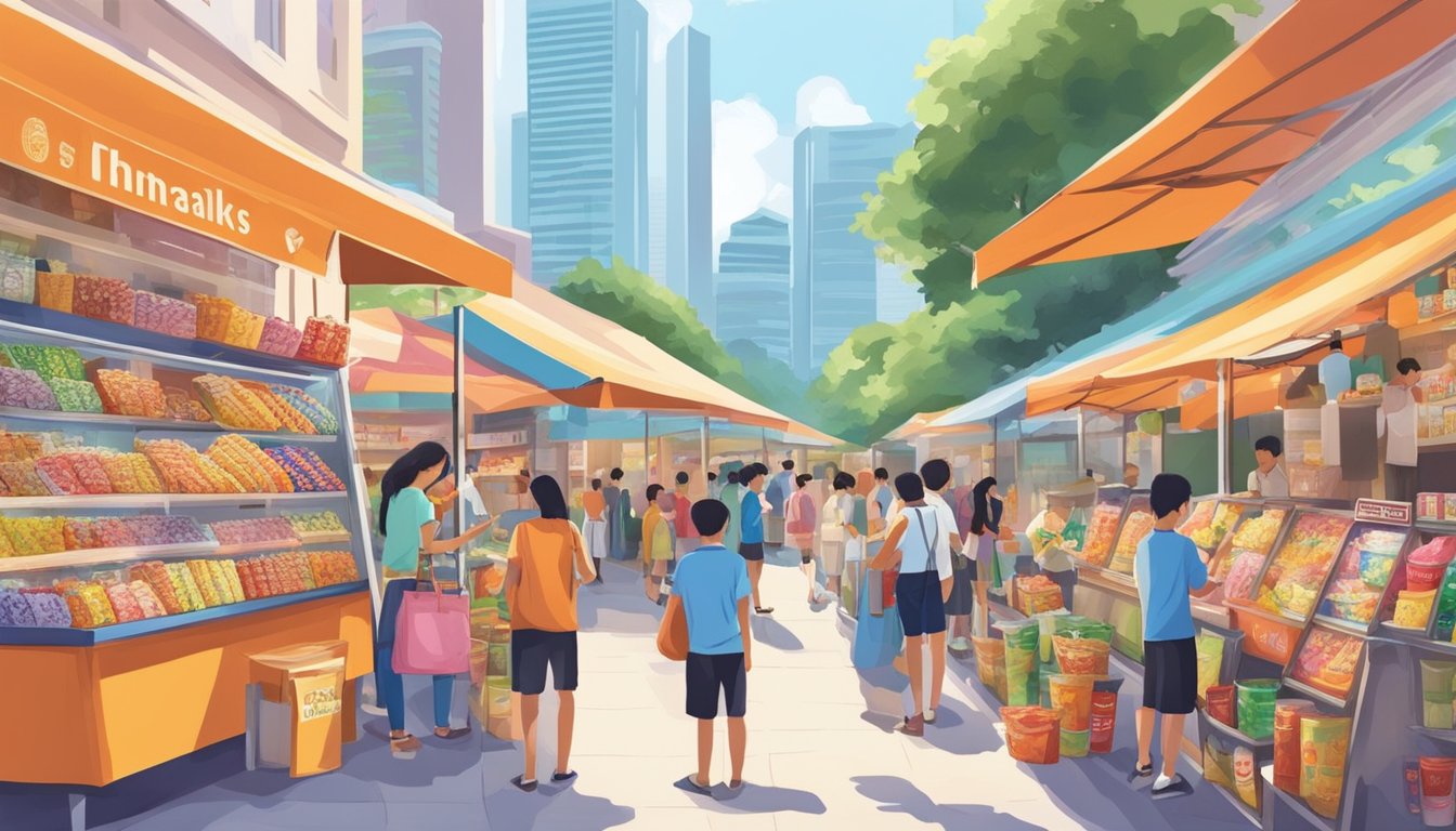 People flock to colorful snack stalls in Singapore, browsing shelves of chips, candies, and drinks. A variety of local and international snacks are on display, tempting passersby