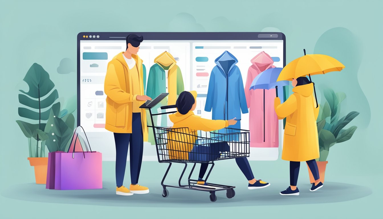 Customers browsing website, selecting raincoat, adding to cart, and making online purchase