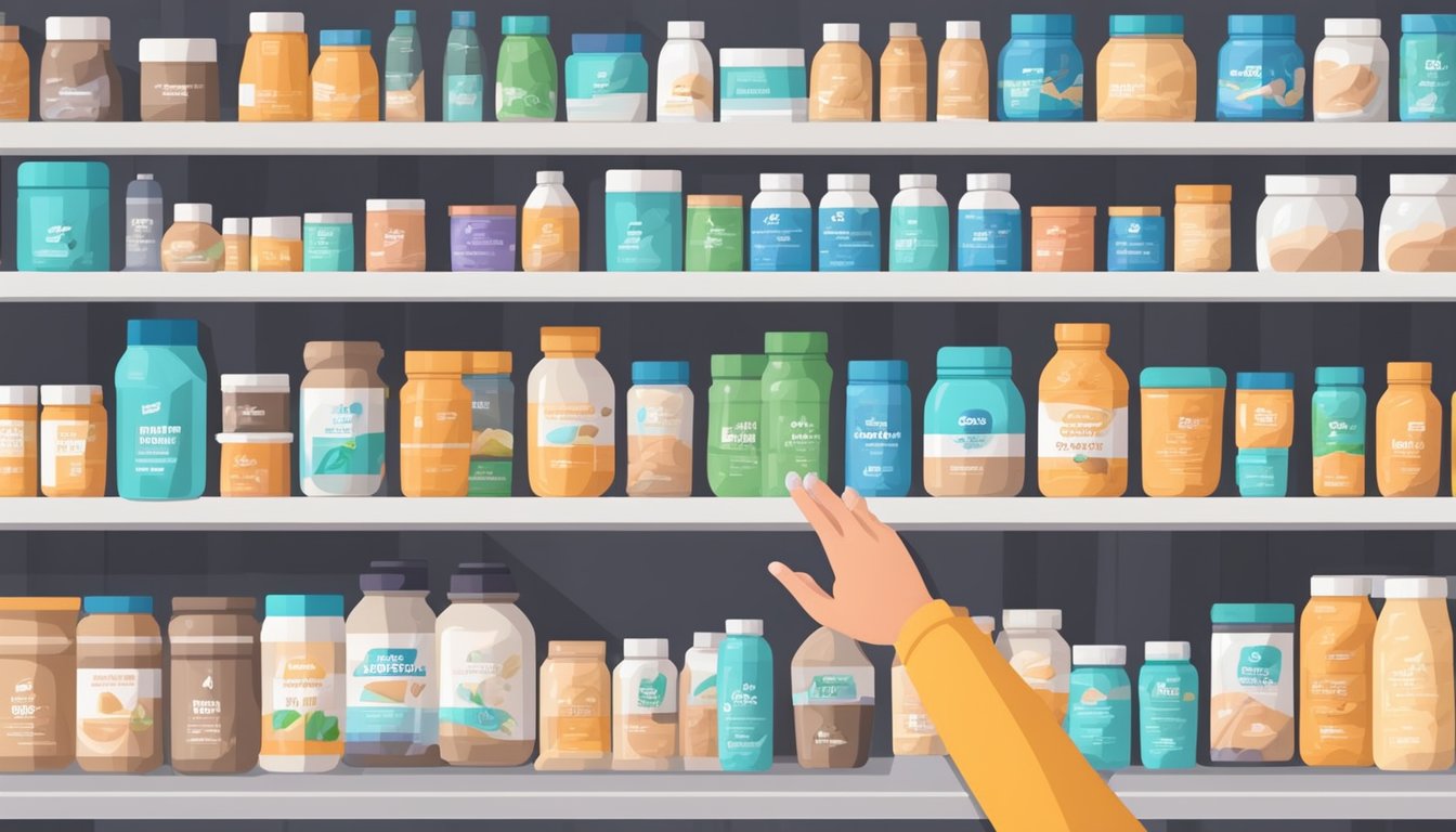 A hand reaches for a container of protein powder on a shelf, surrounded by various brands and types of protein powders displayed on the shelves in a store
