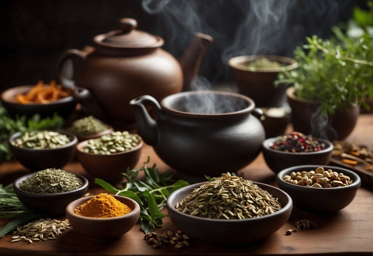 A table filled with traditional Chinese herbs and ingredients for a liver cleanse. A steaming pot of herbal tea sits in the center, surrounded by bowls of dried herbs and a mortar and pestle for grinding