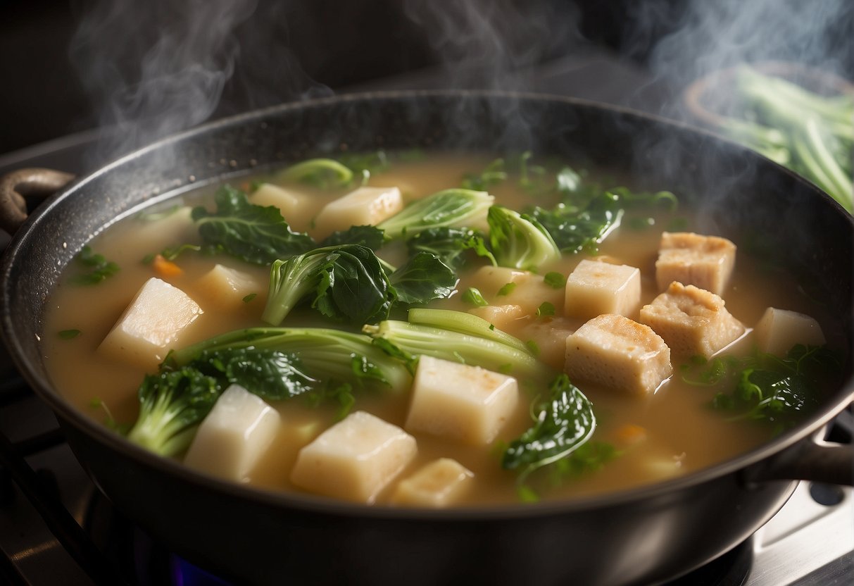 A steaming pot of Chinese soup simmers on a stovetop. Ingredients like ginger, garlic, and bok choy sit nearby, ready to be added