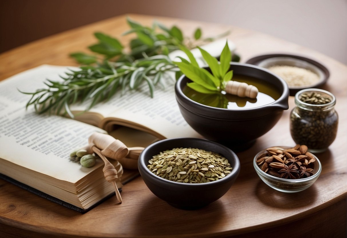 A table with various Chinese herbs, a mortar and pestle, and a recipe book open to a page titled "Chinese Liver Cleanse Recipe."