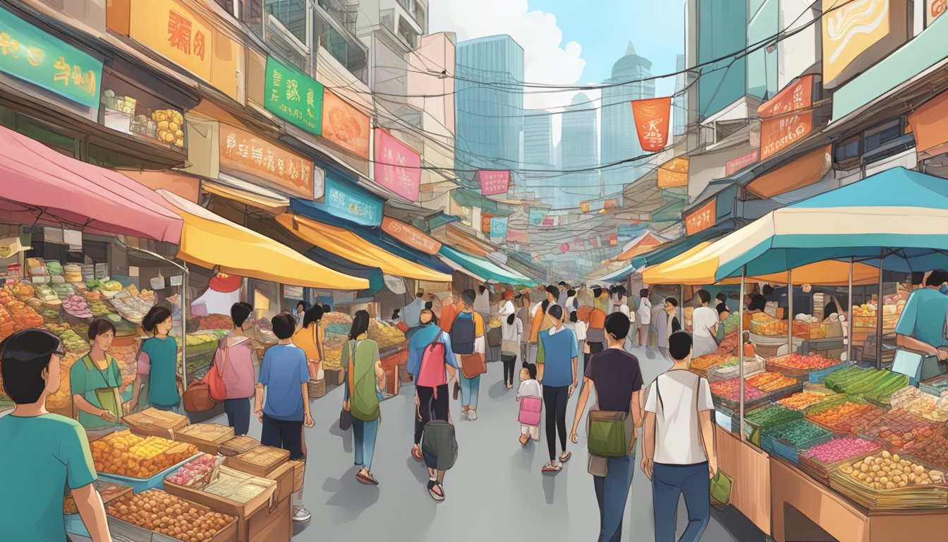 A bustling Singaporean market, filled with colorful displays of snacks and treats from all over the world, beckoning to be explored