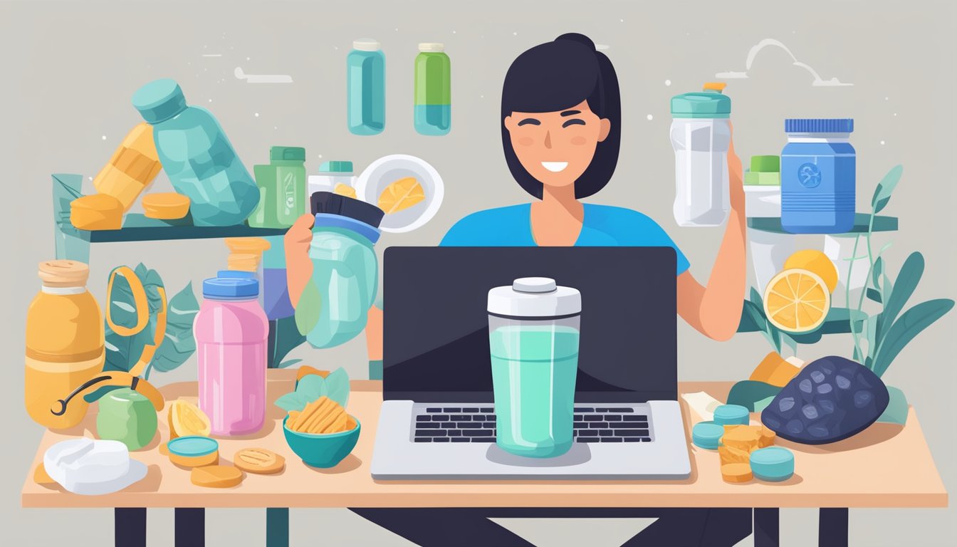 A person mixes protein powder into a shaker bottle, surrounded by workout equipment and healthy snacks. A laptop displays a website for buying protein powder online in Singapore