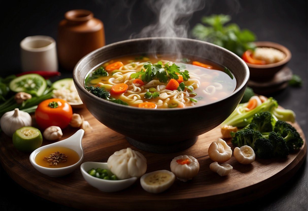 A steaming bowl of Chinese soup surrounded by fresh ingredients and a list of nutritional benefits