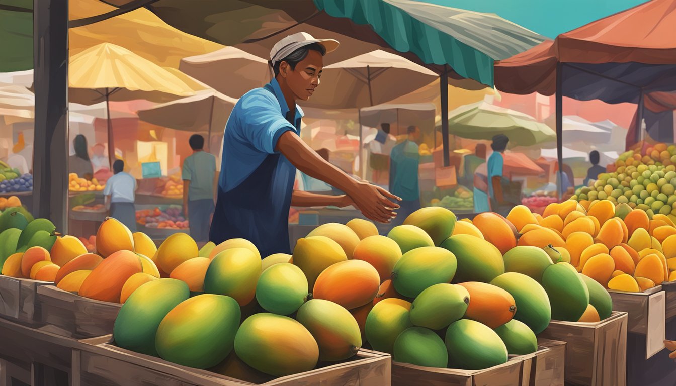 A hand reaching for a ripe Indian mango in a vibrant market stall in Singapore