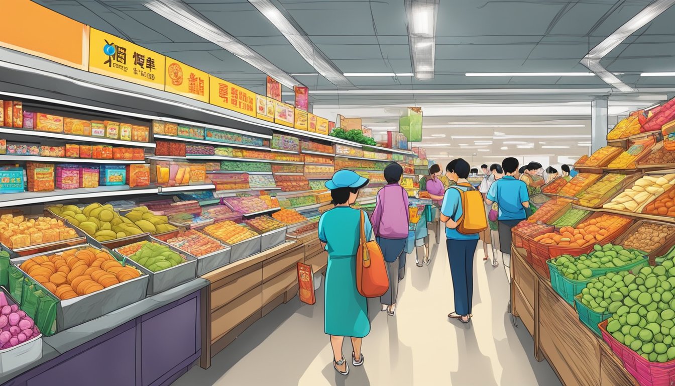 A colorful array of snacks lines the shelves of a bustling Singaporean market, with vibrant packaging and enticing displays drawing in eager customers