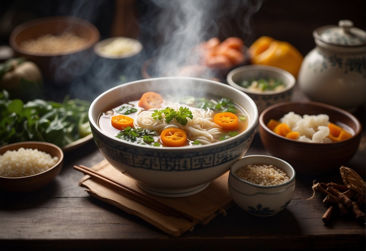 A steaming bowl of Chinese soup surrounded by various ingredients and a recipe book open to the "Frequently Asked Questions quick and easy Chinese soup recipes" page