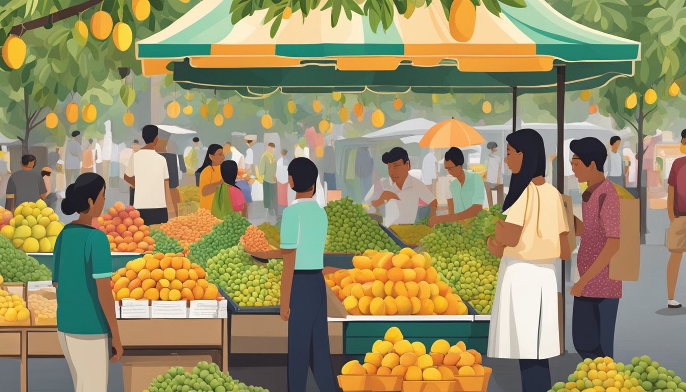 A bustling market stall displays vibrant Indian mangoes in Singapore. Shoppers admire the succulent fruit, while the vendor proudly showcases the finest selection