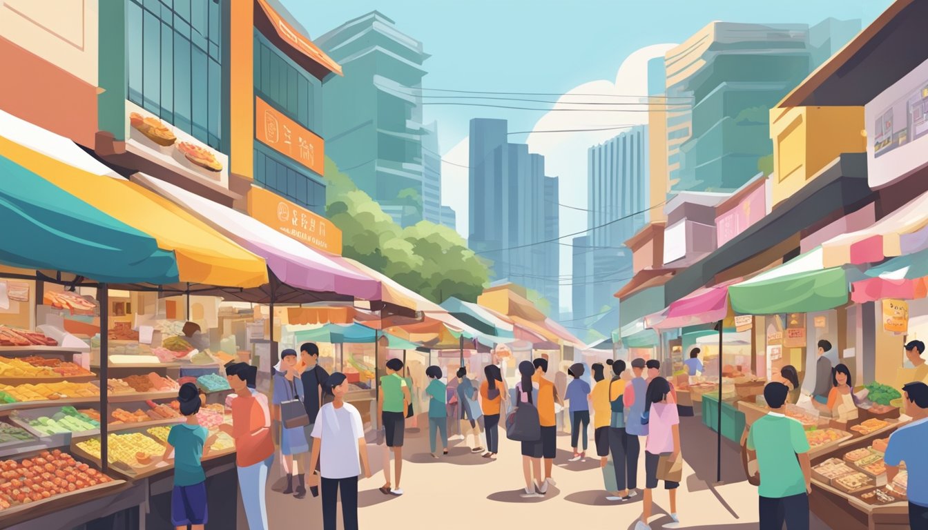 A bustling Singapore street market, with colorful snack stalls and eager customers. Bright signs advertise a variety of local and international treats